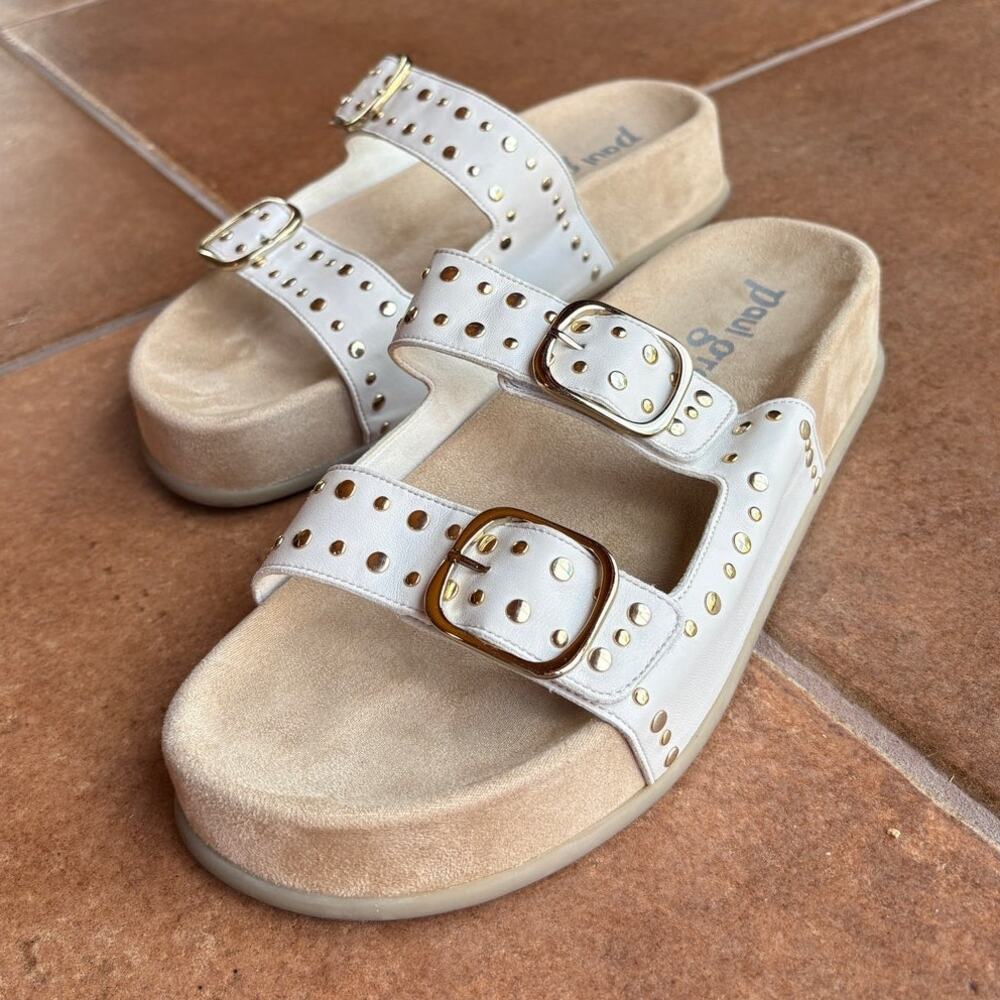 Paul Green White Two Strap Platform Sandals with Gold Buckles and Studs size 10